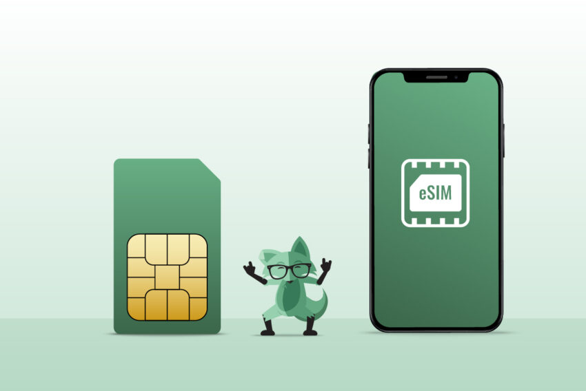 Image of Mint Fox flashing devil horns in between a giant SIM card and a giant smartphone with an eSIM graphic on the screen. 