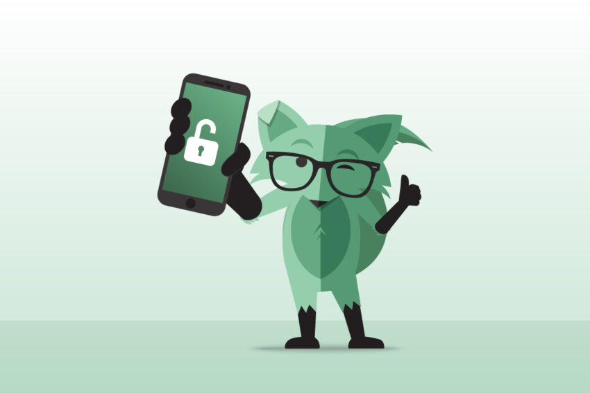 Image of Mint Fox giving a thumbs up while holding a smartphone with an unlocked lock on the screen.