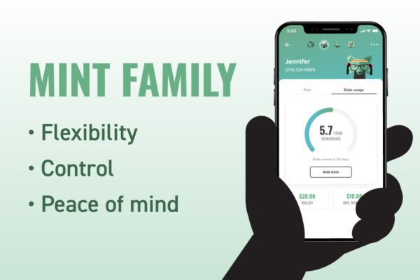 Mint Family title with the benefits of data flexibility, control, and peace of mind, along with a phone screen showing the Mint Mobile app