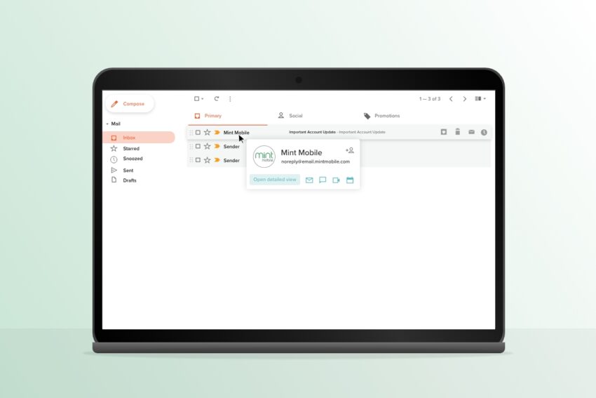 Email inbox screen showing adding Mint Mobile to your email contacts