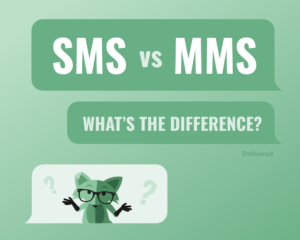 Picture of a large word balloon that says SMS vs. MMS, a smaller word balloon underneath that says What's The Difference, and a word balloon below that with a picture of Mint Fox shrugging with question marks on either side