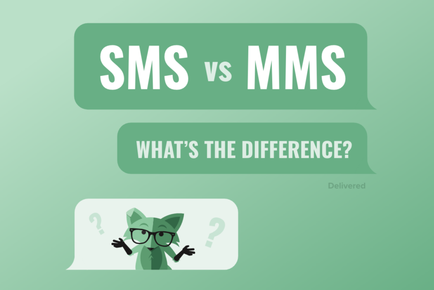 Picture of a large word balloon that says SMS vs MMS, a smaller word balloon underneath that says What's The Difference, and a word balloon below that with a picture of Mint Fox shrugging with question marks on either side