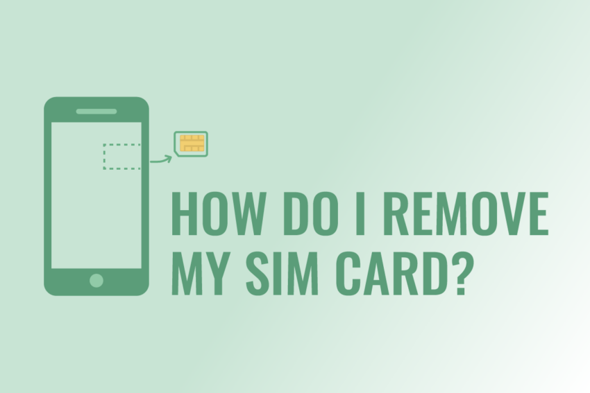 Smartphone icon featuring a square dotted outline on the righthand side of the screen with an arrow pointing out from it at the outline of a SIM card with the text How Do I Remove My SIM Card? next to it.