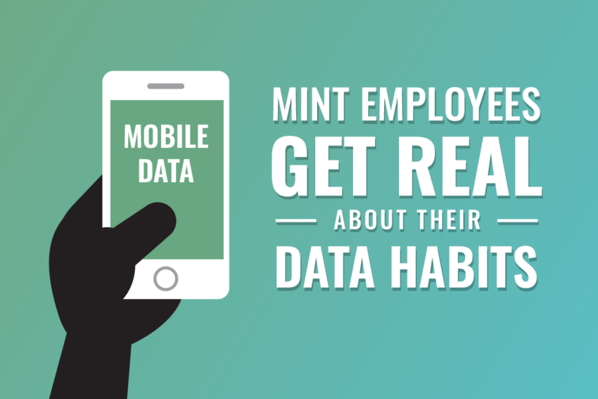 Image of Mint Fox's hand holding a smartphone, on the screen of which is text reading Mobile Data. Next to the image is text reading Mint Employees Get Real About Their Data Habits