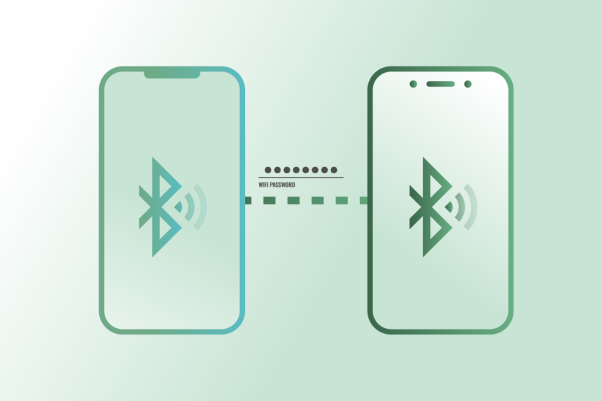 Image of two smartphones with the Bluetooth icon on the screens and a dotted line between them. 