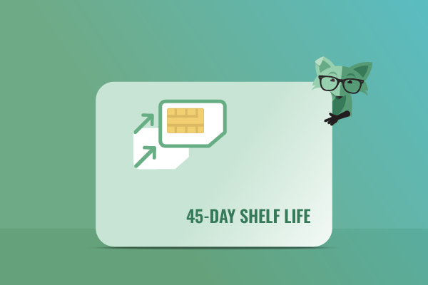 Image of a SIM card with text reading 45-Day Shelf Life on it, behind which Mint Fox is peeking out