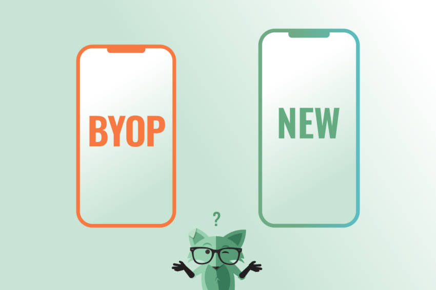 Image of two smartphones, one with text reading BYOP on the screen and the other with text reading New on the screen, with an image of Mint Fox shrugging underneath