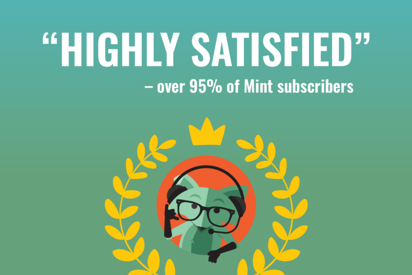 Text reading Highly Satisfied in quotes, with smaller text under it reading Over 95% of Mint Subscribers, with an image of Mint Fox wearing a crown and headset inside of a laurel wreath underneath