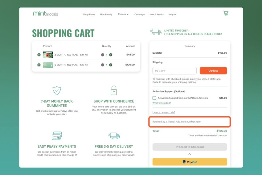 Image showing the Mint Mobile shopping cart page with the area reading Referred By A Friend? Add Their Number Here highlighted