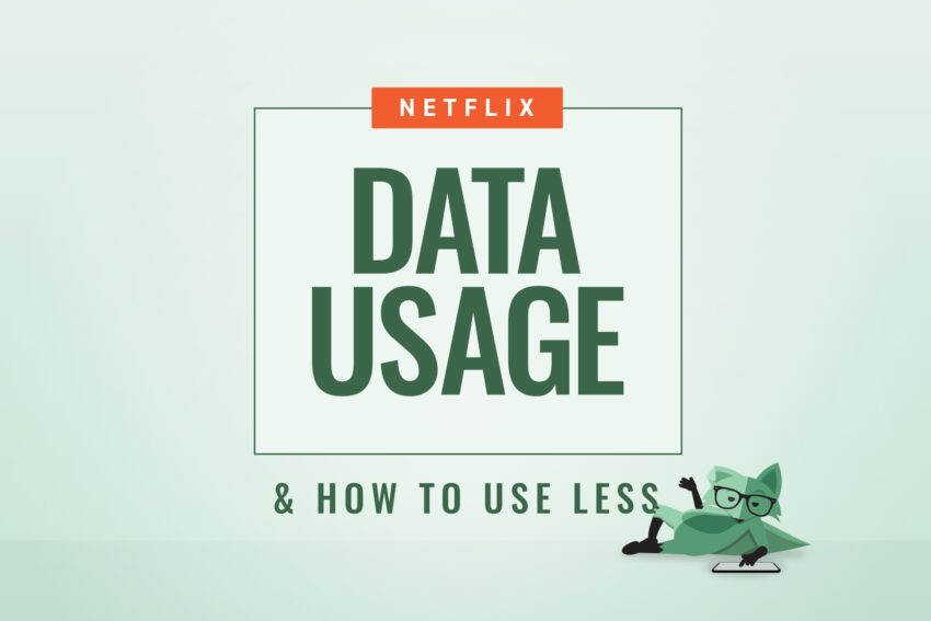 Text reading "Netflix data usage & how to use less" with Mint Fox lounging beside it