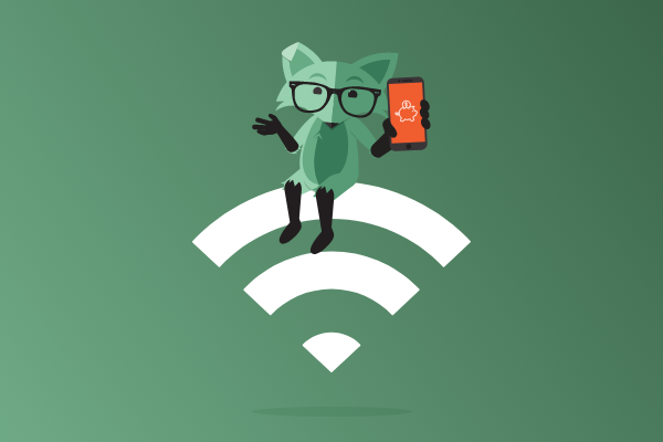 Mint Fox sitting on top of the Wi-Fi sign and his phone is displaying a picture of a piggy bank.