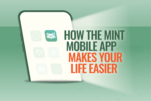 Mint Fox showing off the app on his phone with graphic copy that says “How the Mint Mobile App Makes Your Life Easier”