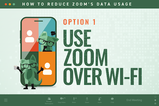 Mint Fox popping out of a phone saying Use Zoom over Wi-Fi