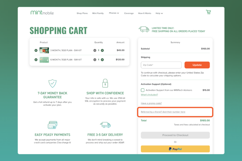 Shopping cart screenshot of 5GB plan 