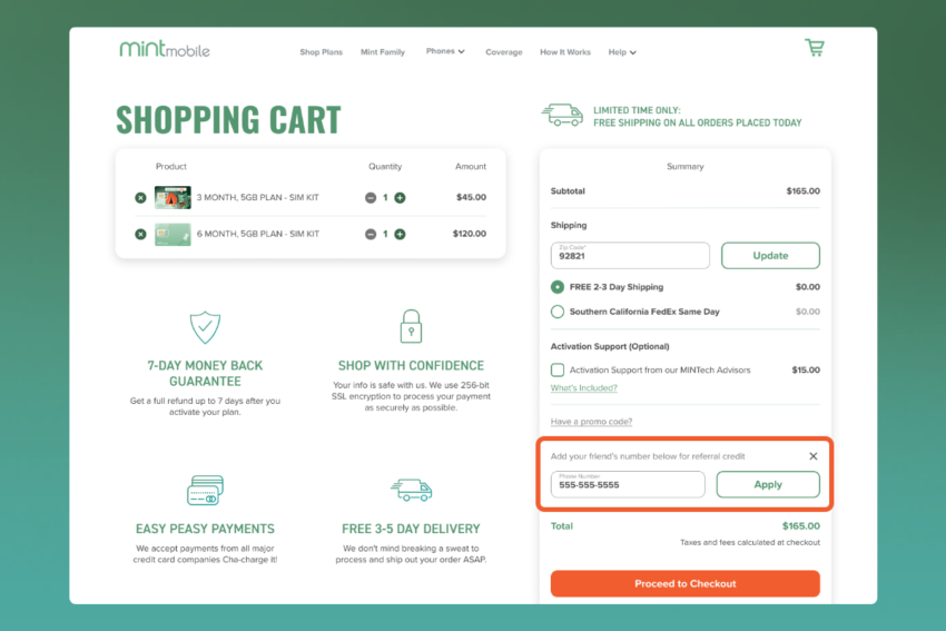 Image showing the Mint Mobile shopping cart page with the area to enter a friend's number highlighted