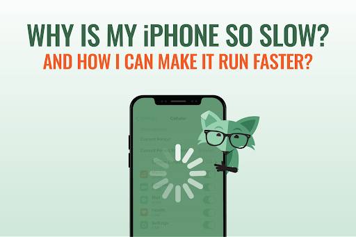 Mint Fox with a phone that is buffering and the text says, "Why is my iPhone so slow?"