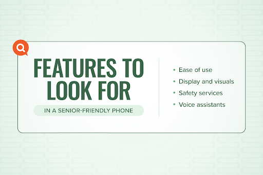 Features to look for in a senior-friendly phone:
- Ease of use 
- Display and visuals 
- Safety services 
- Voice assistants 