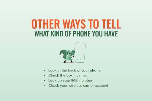 Mint Fox with copy that says “Ways to figure out which phone you have” with this list:
Look at the back of your phone
Check the box it came in
Look up your IMEI number
Check your wireless carrier account