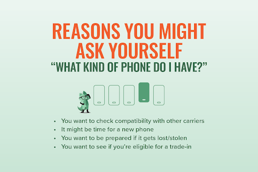 Mint Fox with copy that says “Reasons to ask yourself 'What kind of phone do I have?'” with this list:
You want to check compatibility with other carriers
It might be time for a new phone
You want to be prepared if it gets lost/stolen
You want to see if you’re eligible for a trade-in
