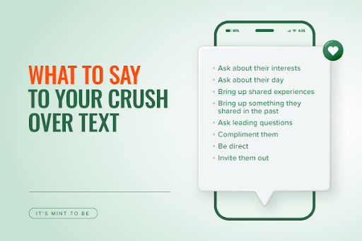 A graphic of a phone showing a list of things to say to your crush over text 