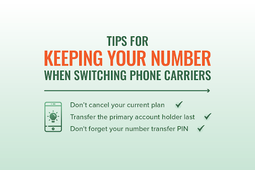Graphic with text reading "Tips for keeping your number when switching phone carriers" with these tips:
- Don't cancel your current plan
- Transfer the primary account holder last
- Don't forget your number transfer PIN