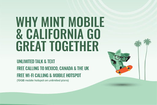 Mint Fox on a skateboard with a list of features:
-Unlimited talk & text
-Free calling to Mexico, Canada & UK
-Free Wi-Fi calling and mobile hotspot