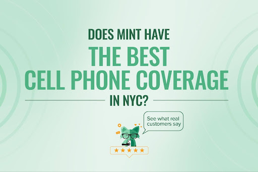 Mint Fox reading reviews with a sign that says "Does Mint have the best cell phone coverage in NYC?"