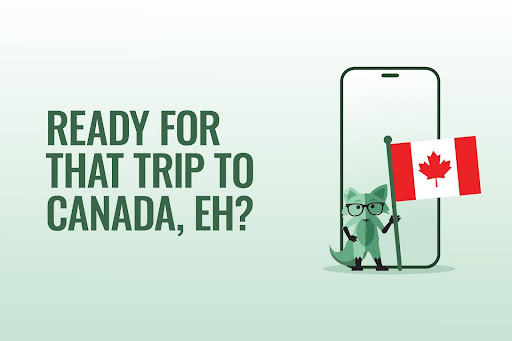 Mint Fox with a Canadian flag and a sign that says "ready for that trip to Canada"
