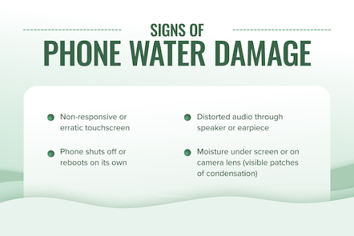 Signs of phone water damage:
- Non-responsive or erratic touchscreen
- Distorted audio through speaker or earpiece
- Phone shuts off or reboots on its own
- Moisture under screen or on camera lens