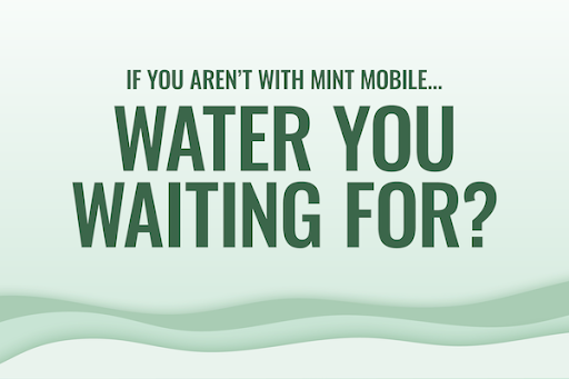 A fun sign that says, "If you aren't with Mint Mobile...water you waiting for?"