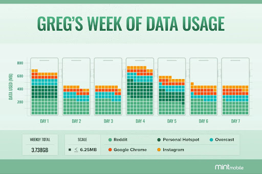 Greg's week of data usage shown in a bar graph