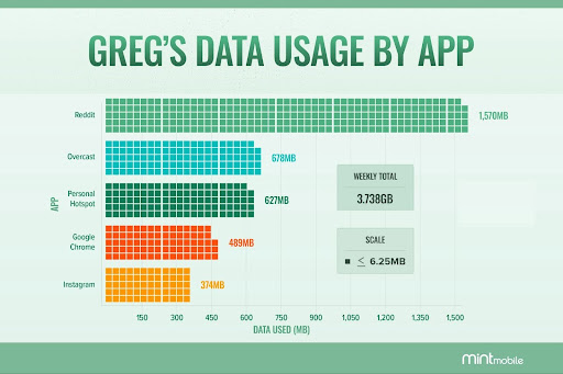 Greg's data usage by app shown in a bar graph