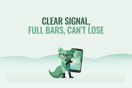 Mint Mobile fox mascot holding a smartphone with full signal bars, alongside the text "Clear Signal, Full Bars, Can't Lose"