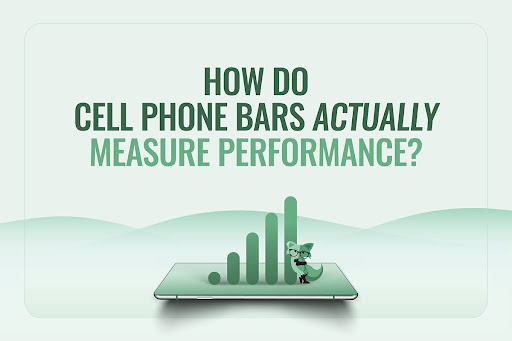 Mint Mobile fox mascot standing beside a large signal bar chart on a phone screen, with the heading "How Do Cell Phone Bars Actually Measure Performance?"