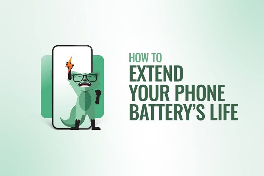 Illustration of a cartoon fox in glasses standing in front of a smartphone with a lightning bolt icon on screen, next to the heading 'How to extend your phone battery's life