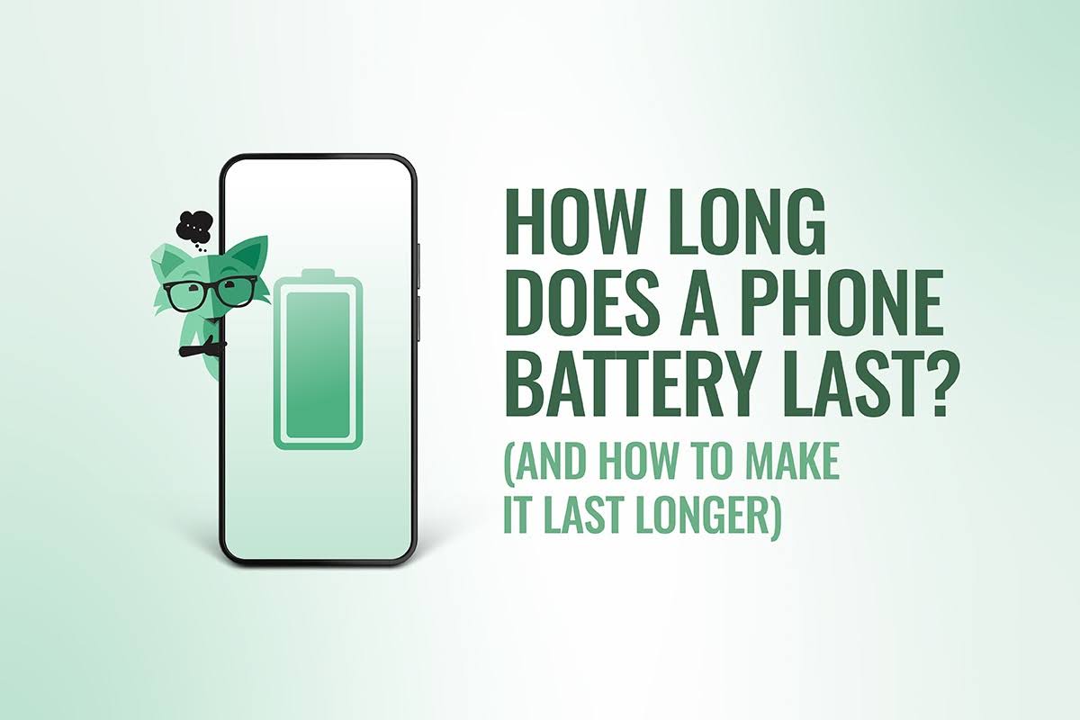 Illustration of a cartoon fox in glasses peeking from behind a smartphone with a battery icon on screen, next to the heading 'How long does a phone battery last? (And how to make it last longer)