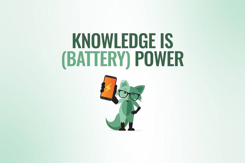 Illustration of a cartoon fox in glasses holding a smartphone with an orange lightning bolt on screen, under the heading 'Knowledge is (battery) power