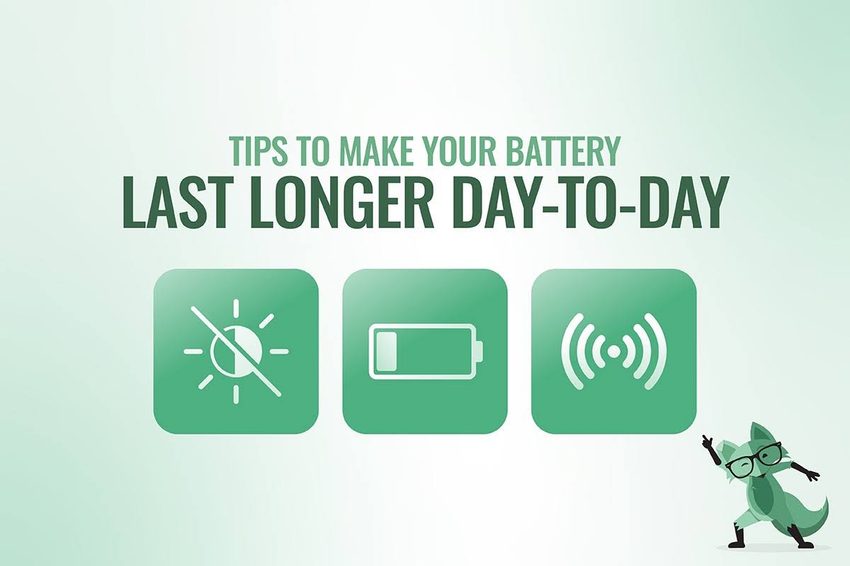 Illustration of a cartoon fox in glasses beside three icons — a crossed-out brightness symbol, a low battery symbol, and a wireless signal symbol — under the heading 'Tips to make your battery last longer day-to-day