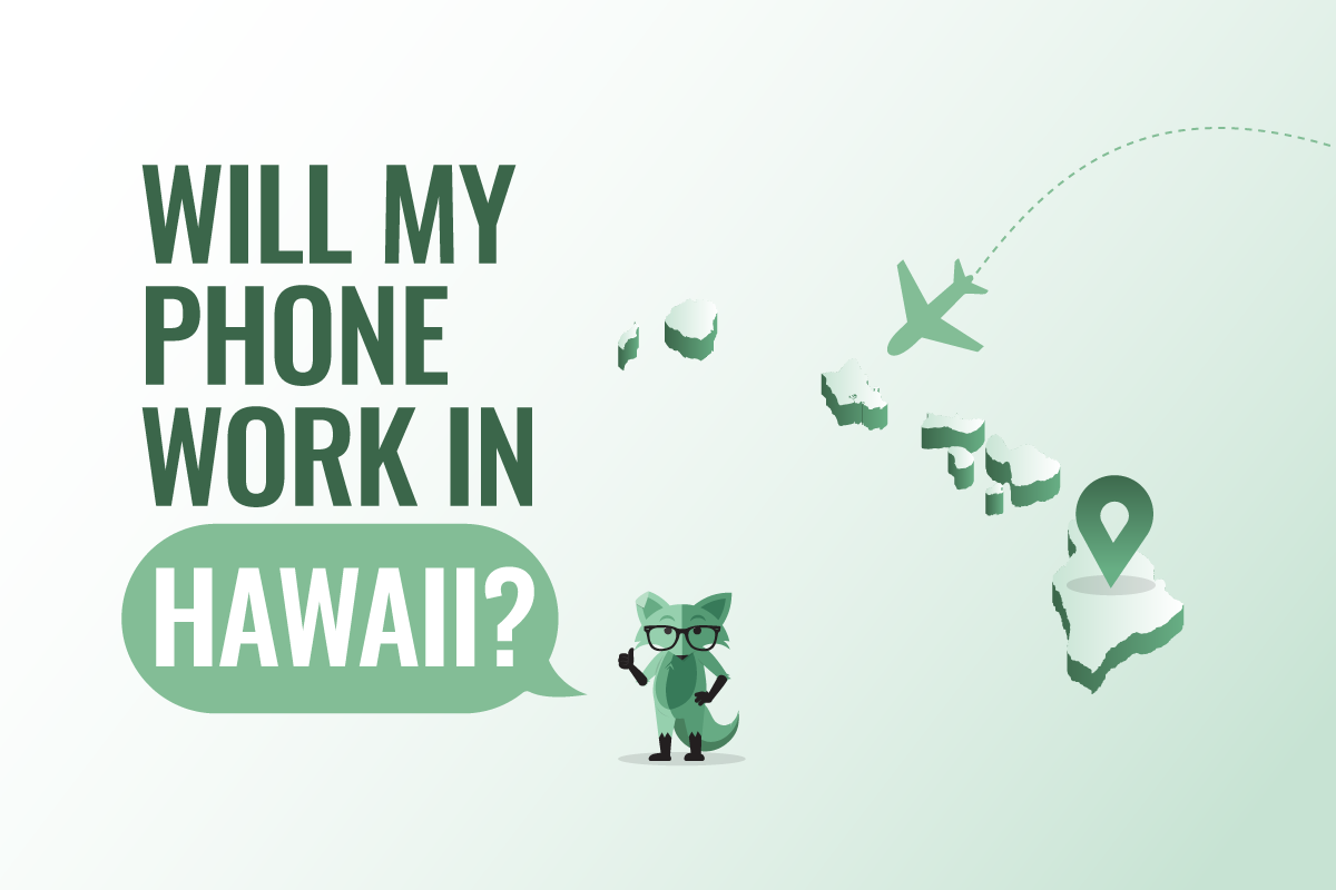 Green illustration of the Hawaiian islands with an airplane flying in and a fox mascot, beside the text “Will my phone work in Hawaii?”