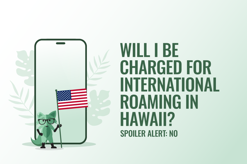 Green illustration of a fox mascot holding an American flag in front of a smartphone, with tropical leaves behind it, beside the text “Will I be charged for international roaming in Hawaii? Spoiler alert: No.”