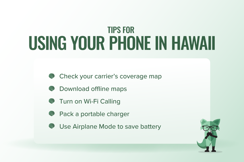 Infographic titled “Tips for Using Your Phone in Hawaii,” listing five tips: check your carrier’s coverage map, download offline maps, turn on Wi-Fi Calling, pack a portable charger, and use Airplane Mode to save battery.